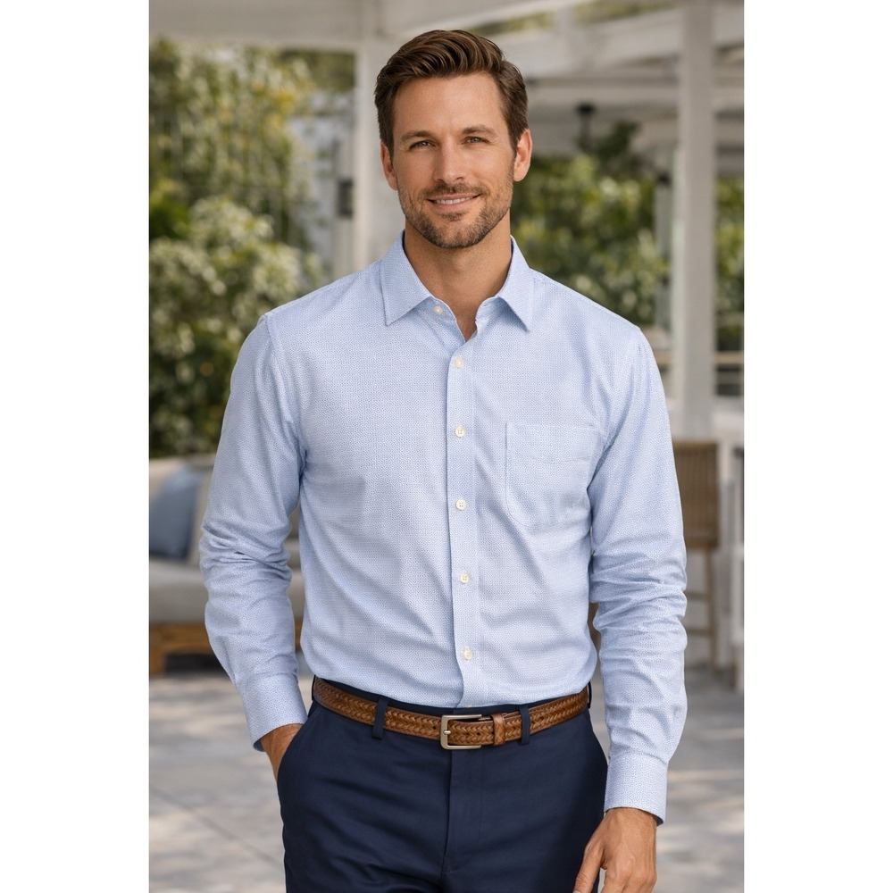 Peter Millar Mens Large Button Down Shirt Blue White Geometric Print 100% Cotton